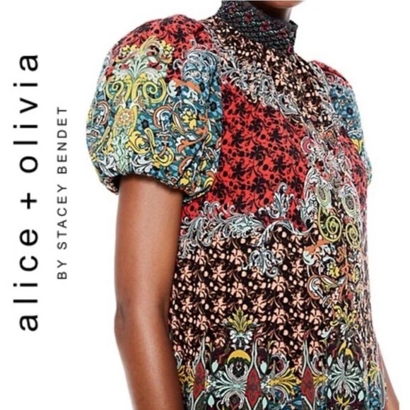 Alice + Olivia Janis Mixed Print Puff Sleeve Dress - Picture 3 of 5